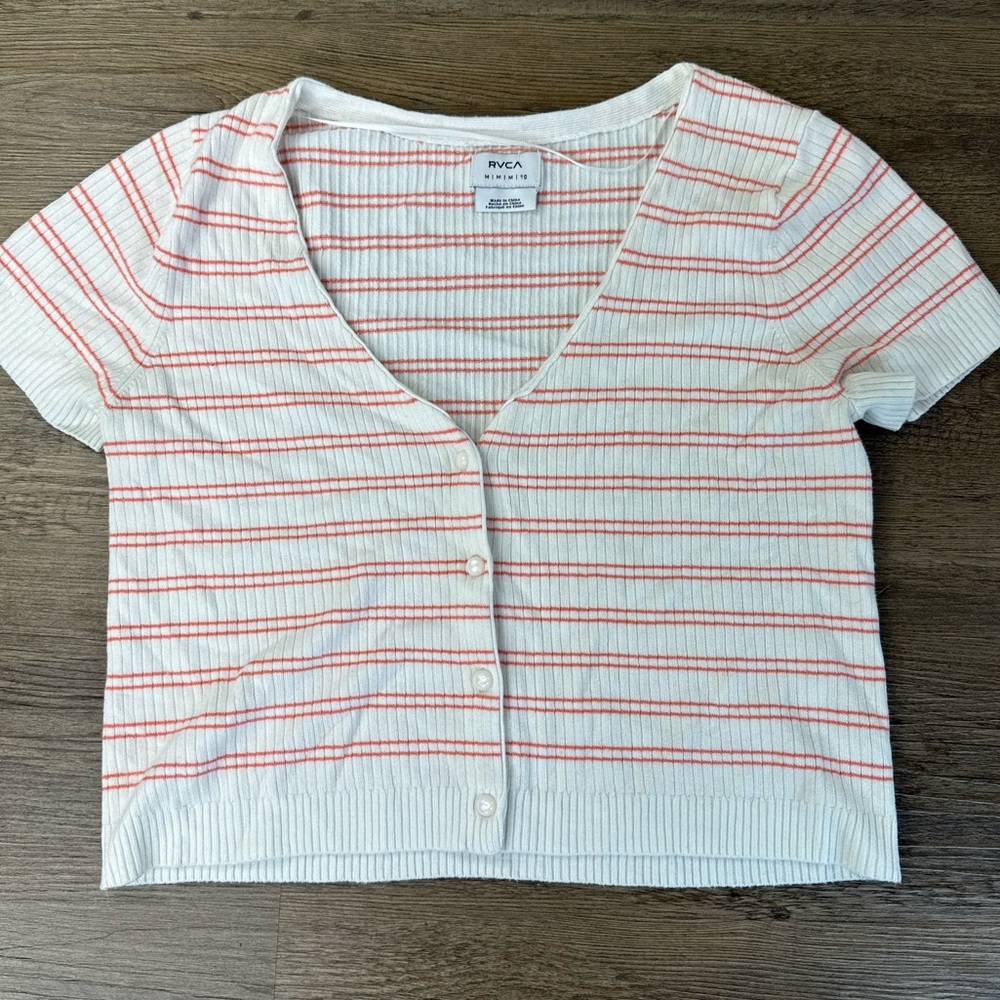 RVCA Women’s Taylor Sweater Striped White Orange Button-Up Cropped Top, Medium